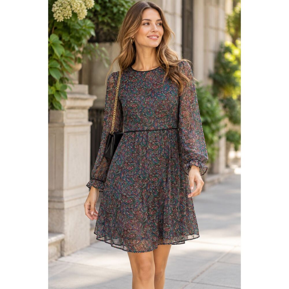LOFT Shimmer Paisley Holliday Metallic Velvet Swing Dress Size S